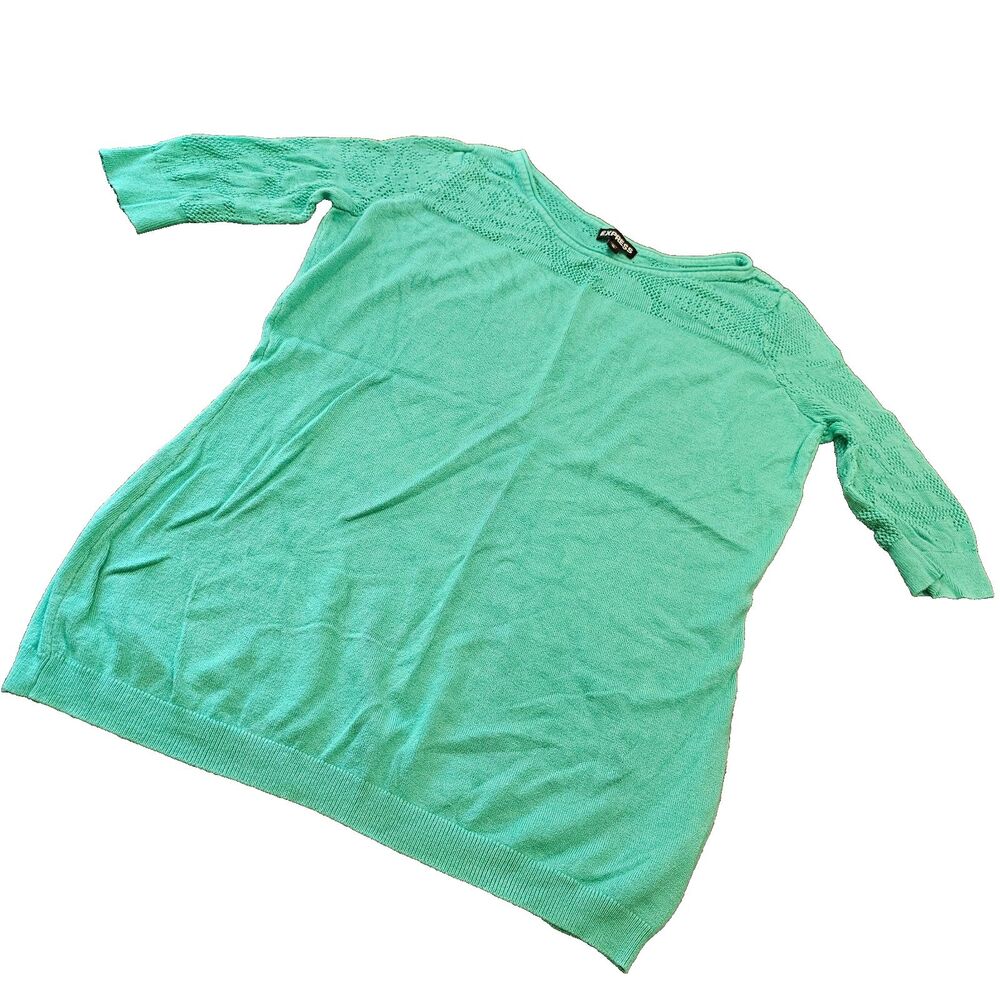 Express Teal Knit Top Pointelle Detail Elbow Sleeve Sweater M Workwear Office